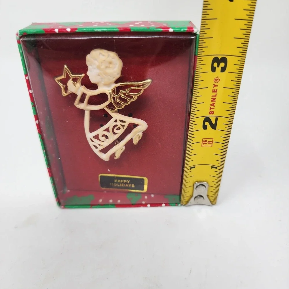 Vtg Christmas Brooch Pin Angels and‎ Ornament Branch Enamel Pewter Lot of 3